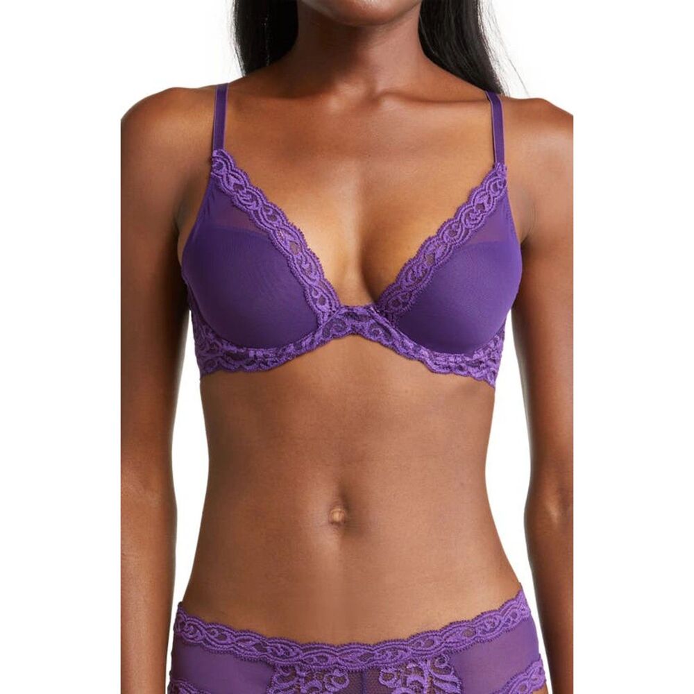 NEW Natori Women's Lace Feathers Contour Plunge Bra in Allium Purple Size 32DD